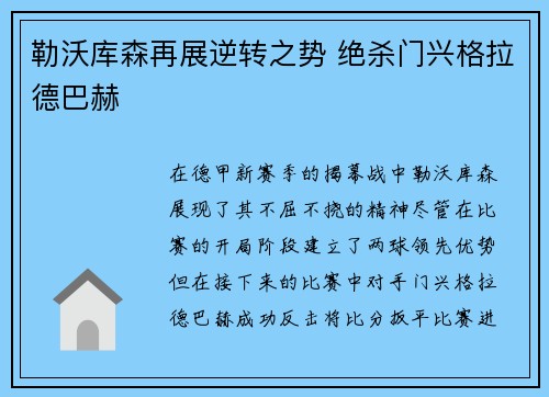 勒沃库森再展逆转之势 绝杀门兴格拉德巴赫