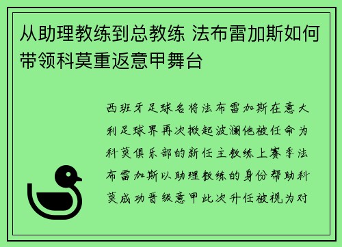 从助理教练到总教练 法布雷加斯如何带领科莫重返意甲舞台